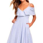 Lulus Yacht Rock Blue & White Striped Off-the-Shoulder Midi Dress Women's Small Photo 0