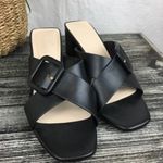 H by Halston Halston Women's Black Square Toe Vegan Leather Buckle Block Heel Sandal 9 Photo 3