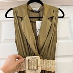 ZARA NWT Satin Effect Belted Wide leg cropped Jumpsuit Olive Green sz Small Photo 13