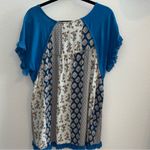 Umgee  Blue Frayed Hem Mixed Print Boho Top Large Photo 2