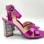 Betsey Johnson Women's Bell Heel Fuchsia Patent Silver Strappy Dressy Sandal 7.5 Photo 1