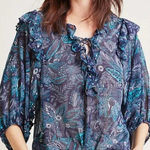 Anthropologie Haida Peasant Top Sheer Ruffle Paisley Print Blue Teal Size XS Photo 0