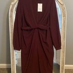 Tie front long sleeve midi dress in wine Photo 4
