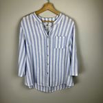 cupio   Women's Medium Blue Striped V Neck Button Up Front Pocket Linen Blend Top Photo 7