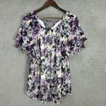 AGB Womens 2X Purple Floral Chiffon Lace Up Top Ruffle Short Sleeve Boho Photo 2