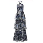 MARCHESA NOTTE Halter Gown Blue Floral Embroidered Tiered Tulle Sz 8 Maxi Dress Photo 9