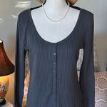 Gap  pointelle gray knit cotton blend swoop neck button down top thermal L Photo 0