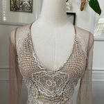 Luxxel White Crochet Lace Nude Mesh Sheath Dress Long Sleeves XS Photo 2