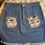 POL Blue Denim Mini Skirt distressed w lined plaid patches casual denim summer Photo 0