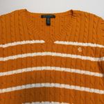 Laurence Kazar Lauren Ralph Lauren‎ Cable Knit Long Sleeve V Neck Sweater Orange Stripe Medium Photo 6