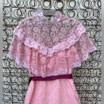 Vintage 70s JCPenney pink lace high illusion neck prairie style maxi dress gown Size M Photo 2