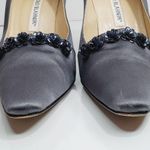 Manolo Blahnik  Gray Satin Almond Toe Beaded Roses Accent 37.5 Dress Shoes Pumps Photo 4
