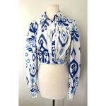 NWT Mulla Print Tie Front Cropped Long Sleeve Blouse Trendy Sz L (Small Stain) White Size L Photo 2