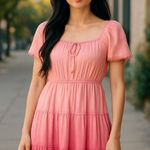 NWT Tie Dye Tired Midi Puff Sleeve Cotton Dress Pink Size M Photo 1