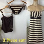 Becca  Brown & Tan Striped Bikini & Dress Swim Bathing Suit 3 Piece SET M Photo 1