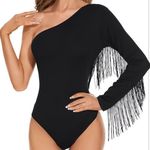One Shoulder Fringe Bodysuit Black Photo 0