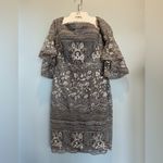 Social Occasions by Mon Cheri Lace Embroidered Bell Sleeve Column Cocktail Dress Gray Size 10 Photo 2