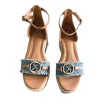 SAM and Libby Wedge Espadrille Sandals Denim Logo Buckle Tan Straps Size 6 Blue Photo 2