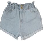 Plaid & Plain Medium Elastic Waist Paper Bag High Rise Denim Shorts Blue Photo 0