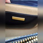 Tory Burch Robinson Navy Leather & Printed Canvas Shoulder Bag Photo 7