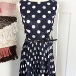 Adrianna Papell Polka Dot Pleated Belted Cocktail Dress Navy Blue White Sz 8 NWT Photo 0