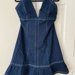Anthropologie Pilcro Halter Deep-V Open-Back Denim Flounce Mini Dress, Size XL Photo 6