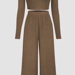 Cider NWOT Set Solid Knitted Ribbed Crop Top Long-Sleeve and Wide Leg Pants Photo 0