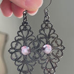 Pewter Filigree Boho Drop Earrings Pink Purple Stone Accent Y2K Dainty Jewelry Silver Photo 0