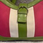 Liz Claiborne vintage Leather& Polyester Striped Purse Pink Green Beige Photo 6