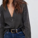 Free People Changing Horizons Deep V-neck Gauze Pullover Top Raw Hem Dark Gray Women’s Size Large Photo 0