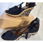Cabi Navy Isla Blue Wedge Lace Up Espadrilles Aztec Heel Peep Toe 6001 Size 8.5 Photo 4