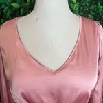 Women's Elegant V Neck Self Tie Knot Long Sleeve Satin Blouse Shirt Top Pink L Size L Photo 4
