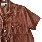 Vintage Hot Cotton Marc Ware Linen Brown Short Sleeve Blouse Wood Buttons Sz M Size M Photo 2