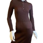 Vintage 60s Goldworm Knit Ribbed Crochet MIDI Chocolate Brown Sweater Dress XS Photo 12