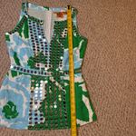 Tory Burch  Elsa Mirror Embellished Green Blue Linen Floral Abstract Vacation Top Photo 6