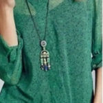 CAbi  5208 Bountiful Navy and Green Sheer Blouse Pullover shirt size XL Photo 0