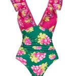 2 Piece Ruffle Sleeve High Waist Bodysuit Wrap Skirt Tropical Cover Up Sz L NWT Pink Size L Photo 0