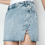 ZARA  Denim Jean Skirt Women’s L Mini Raw Hem Side Lace Med Wash Western Festival Photo 0
