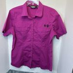 Harley Davidson Womens Short Sleeve Shirt Size L Pink Button Up Y2K Woven Wings Size L Photo 0