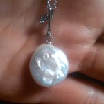 Freshwater Coin Pearl And Simulated Diamond Silvertone Pendant Necklace Photo 7