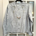 Coldwater Creek  | Light Sky Blue Linen Button Down Floral Embroidered Blouse M Photo 2