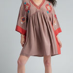 easel  Embroidered V Neck Tunic Dress Mocha boho Festival Kimono Sleeve Photo 0
