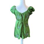 Y2K Crinkle Satin Blouse Babydoll Top Green Floral Lace Trim Womens Size XL Photo 2
