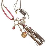 Chico's NWT  Leather Beaded Tassle Necklace Tan Gold Pink Photo 0