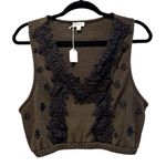 POL V Neck Waffle Crop Top Olive Green With Black Floral Appliqué Size Large NWT Photo 0