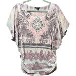 Espresso Paisley Flutter Sleeve Ruched Tunic Top Sheer Overlay Pink Beige L Size L Photo 0