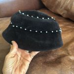 None Vintage Elegant Black Velvet Hat with Beaded Details leaves wool Photo 2