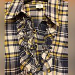 CAbi Women’s Seattle Ruffle Front Plaid Blue Yellow Check Top Shirt Size S Photo 6