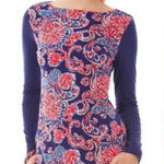 Lilly Pulitzer Women's Floral Paisley Print Long Sleeve Bailey Top Blue Pink XS Photo 0