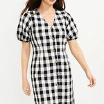 Loft NWT Gingham Button V-Neck Dress Puff Short Sleeve Black White Size 2 Petite Photo 0